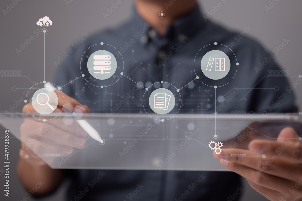 Poster Electronic document icons on a virtual screen for a document management idea and data system for business.