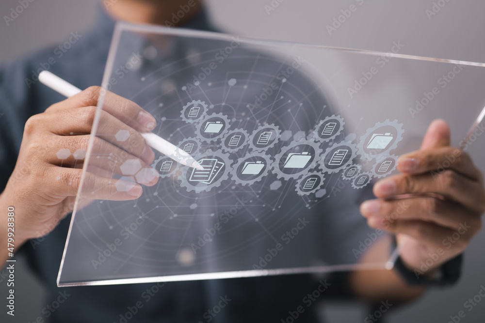 Poster Document Management System, or DMS, is a system for searching and managing information and business files. Concept of business processing and software for archiving.