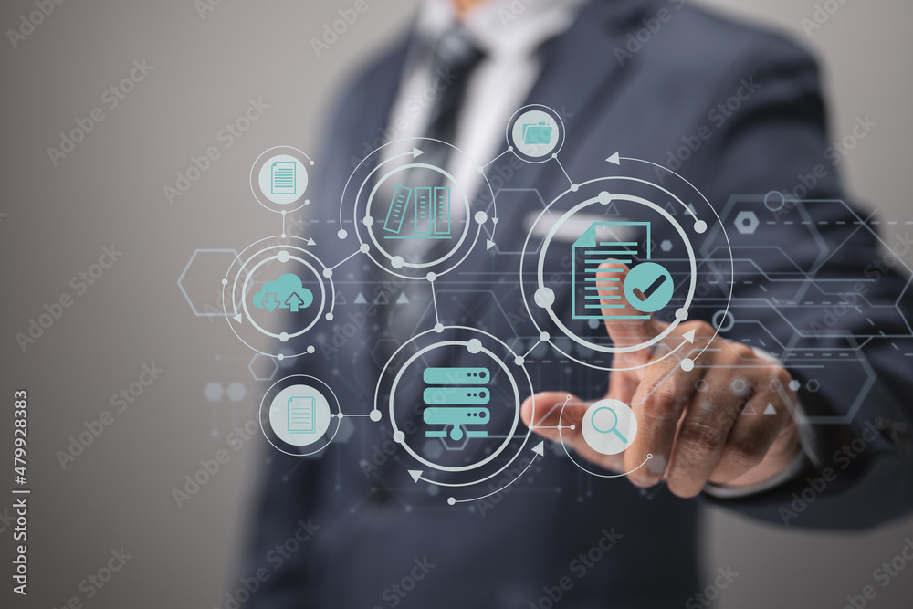 Aufkleber Concept of ERP and document management using icons on a virtual screen
