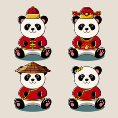 Cute panda in Chinese traditional costume collection illustration