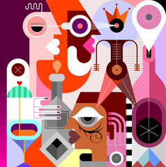 Menschen auf einer Cocktailparty. Geometrische Kunstvektorillustration. Flaches farbiges Design von männlichen und weiblichen Gesichtern, Händen, Flaschen, Cocktails und abstrakten Formen. Mann mit Tattoo im Gesicht.