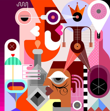 People at a cocktail party. Geometric art vector illustration. Flat colored design of male and female faces, hands, bottles, cocktails and abstract shapes. Man with tattoo on his face.