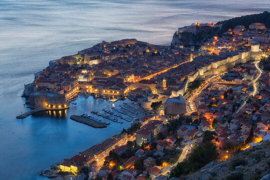 Top View of the old town in night, Dubrovnik, Croatia