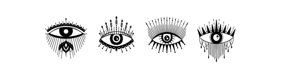 Evil Seeing eye symbol set. Occult mystic emblem, graphic design tattoo. Esoteric sign alchemy, decorative style, providence sight.