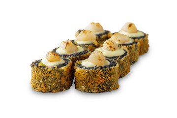 Hot Sushi Roll with Black Rice, Scallop, Salmon, Avocado and Mayonnaise. isolated on white background