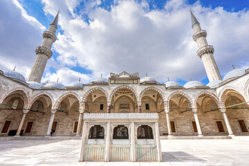 Wide angle view of the Suleymaniye Mosque in Istanbul. Suleymaniye Mosque is a famous mosque in Turkey.