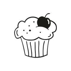 Cartoon cupcake. Black and white outline dessert. Vector illustration. 