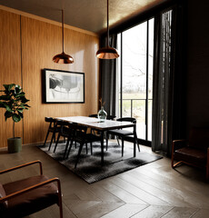 Interior living room wall mockup with a beautiful wooden wall and a frame on the wall and two metal lamps

