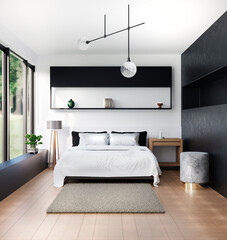 beautiful bedroom interior in white color with panoramic windows and a beautiful landscape

