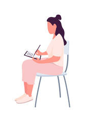Woman on lecture semi flat color vector character. Sitting figure. Full body person on white. Seminar and workshop isolated modern cartoon style illustration for graphic design and animation