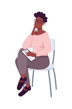 recommend clip art: Contemplating woman sitting semi flat color vector character. Sitting figure. Full body person on white. Research isolated modern cartoon style illustration for graphic design and animation