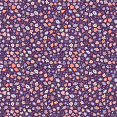 Seamless ditsy floral pattern in red and purple. All over abstract botanical print. 