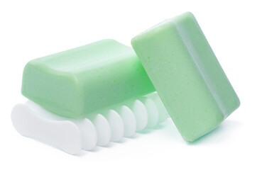 Soap on a plastic soap dish isolated on a white background