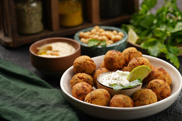 Traditional oriental chickpea deep fried falafel in a deep bowl with tzatziki yoghurt sauce, hummus, fresh lime and green cilantro on black surface