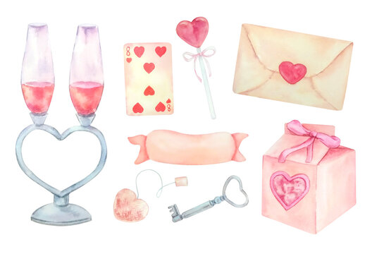 A set of elements of a Valentine's Day clipart drawn in watercolor.