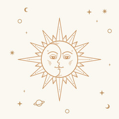 Sun moon astrology tarot illustration tattoo design vector gold isolated background