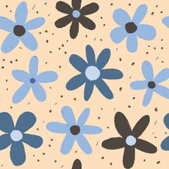 Seamless pattern with spring flowers in blue and beige colors. Drawn with a dry brush.