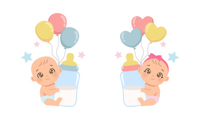 Cute baby boy and girl gender reveal with milk bottle and balloons. Flat vector cartoon design