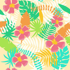 Beautiful pattern of tropical leaves and flower on white background. Vector botanical collection exotic plants in flat style.
