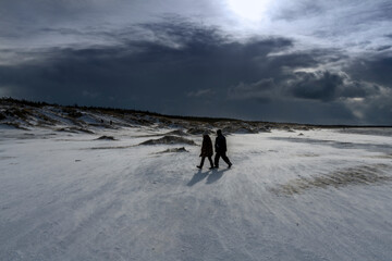 Blizzard on Baltic sea beach in windy day.