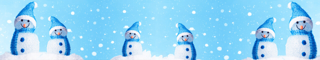 Winter snow snowman snowmen background panoramic banner panorama holiday greeting card - Little cute Snowman on snow in snowy landscape with snowflakes blue sky and sunshine