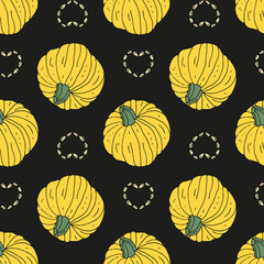 Seamless pattern with hand drawn pumpkins. Black background. Autumn digital paper.