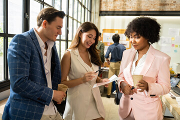 concept of Multi-Ethnic Office Conference Room Meeting.Multicultural Team of Creative Entrepreneurs Talking,Discuss Growth Strategy,planning.Diverse Young Business People work on e-Commerce Startup.