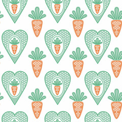 Seamless carrot and heart pattern, vector seamless background.