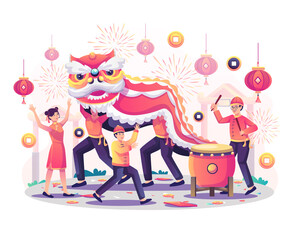 Celebrate the Chinese new year with Asian children playing with a Chinese dancing lion and a drummer beating the drum, fireworks, and hanging lanterns. Flat Vector Illustration