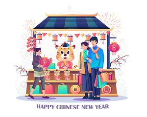 Asian couple with shopping bags buying foods and goods from a traditional street market store. Counter stall with goods and souvenirs. Flat style Vector Illustration