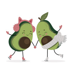 Lovely avocado lovers ice skating in winter. Illustration for print clothes, valentine's day cards, fabric, notepads. Vegetables and fruits cartoon vector characters.