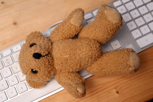 Teddy bear sitting on a computer keyboard
