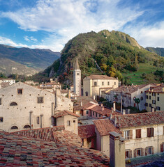 Serravalle, Vittorio Veneto. Treviso. Panorama dall'alto verso il Duomo e la scalinata.di Santa...