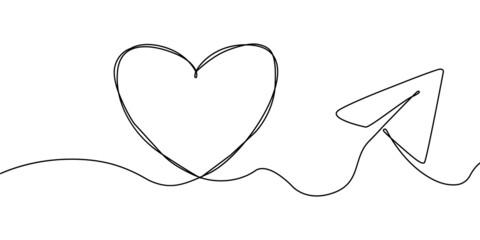 Fototapeta premium Heart one line.Heart line art.Flying paper airplane with heart .Heart air route .Valentines Day.Love travel route.Airplane line path continuous line .