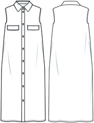 Collared Sleeveless Long Dress With Placket, Sleeveless Long Shirt Dress, Sleeveless Kurta Front and Back View. Fashion Illustration, Vector, CAD, Technical Drawing, Flat Drawing. - obrazy, fototapety, plakaty