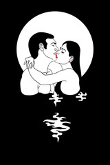 A kiss. Beautiful man and woman on the background of the moon kissing in the water.