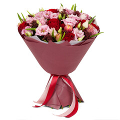 Bouquet of pink and red flowers wrapped in dark red paper cone with ribbon for present isolated on white background
