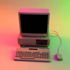 Desktop PC with Floppy Drive, Keyboard and Mouse in Neon Studio Lightning. 3D Rendering.