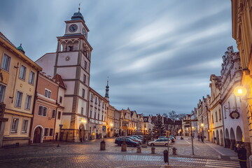 Naklejka na ściany i meble Night view of historical town Trebon in South Bohemian Region. Czechia.