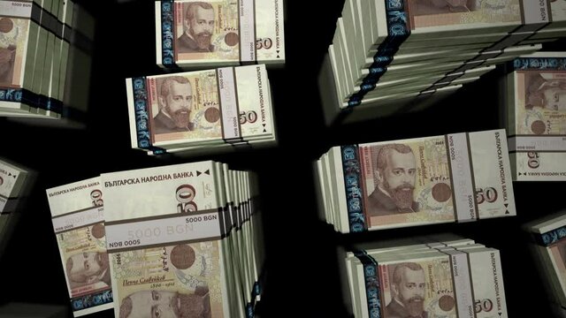 Bulgaria leva money pack loop. Flight over BGN banknotes stacks top view. 3d loopable seamless animation. Abstract background concept of economy, crisis, business and finance.