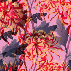 Abstract chrysanthemum seamless pattern. Surface design for fabric, wallpaper, wrapping paper, invitation card. Floral abstraction. 