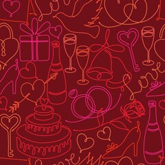 Red seamless doodle pattern with one line drawing of romantic symbols: hearts rose cake gift bells rings dove shoe wineglass champagne gift love key heart shaped padlock. For Wedding, Valentine day