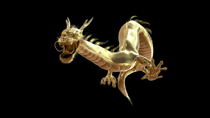 Full body gold dragon in smart pose with detail face on dark background. 3d rendering include alpha clipping path.