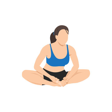 Woman doing Bound angle pose Baddha Konasana exercise. Flat vector illustration isolated on white background