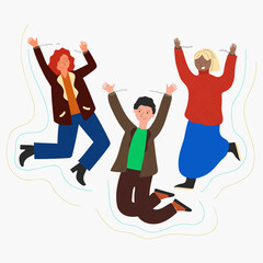 Happy free people jumping in air. Concept of freedom, development and aspirations. Men and women break the handcuffs. Colored flat vector illustration isolated on white background.