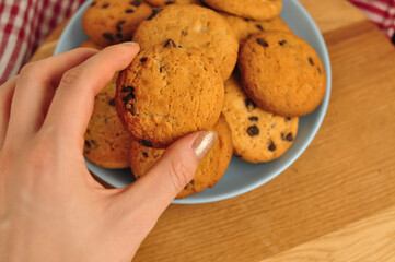 sweet crunchy cookies with dark chocolate for teatime