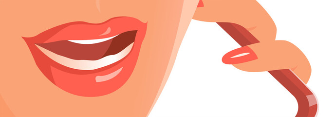 Dispatcher young woman mouth. She speaks on her smartphone. lips close up. Vector horizontal illustration