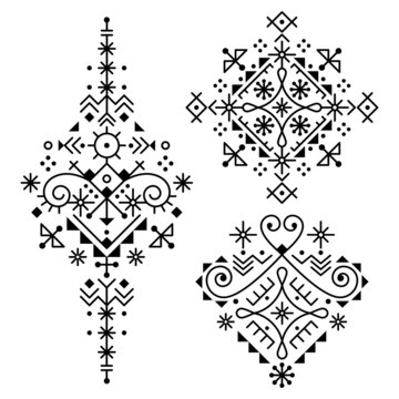 Line art modern tribal vector design set, cool minimal geometric patterns inspired by old Nordic Viking rune art
