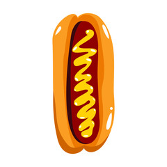 Hot dog vector illustration with mustard in flat cartoon style. American fast food. Simple illustration for design fast food menu. Isolated icons.