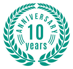 Anniversary ten years label. Decorative tag with laurel branches